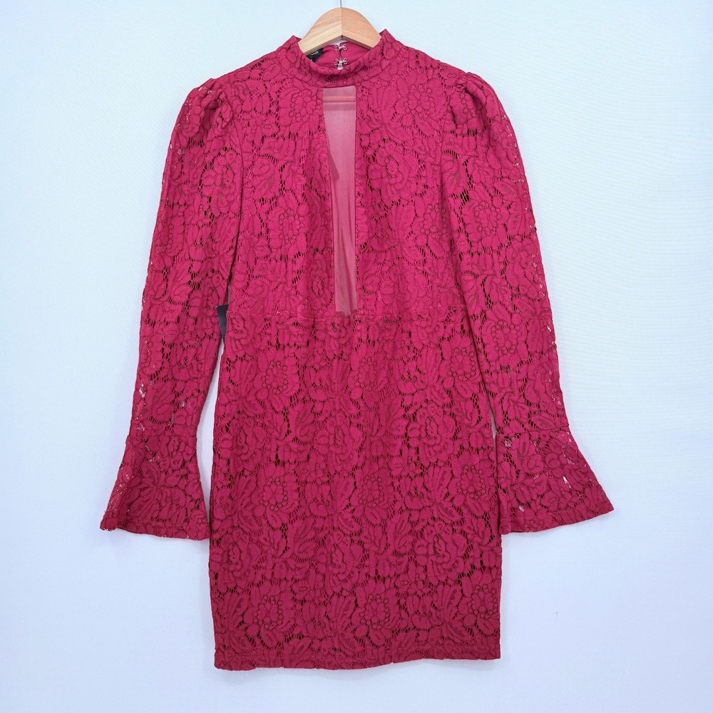 Bebe Lace Mini Dress Women Medium Merlot Open Back Bell Sleeve Coquette Boho NEW